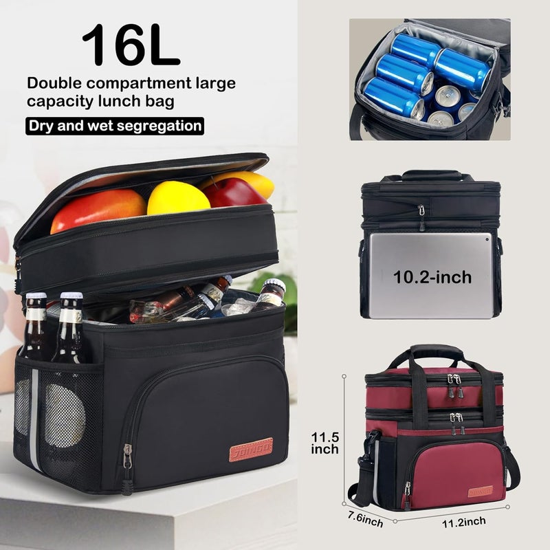 JOINGO Lunch Box For Men/Women,Large Double-layer Insulated Expandable Reusable Leakproof Cooler Bags For Adults,Lunch Bag With Adjustable Shoulder Strap For Office Travel Picnic(Red) - Image 2